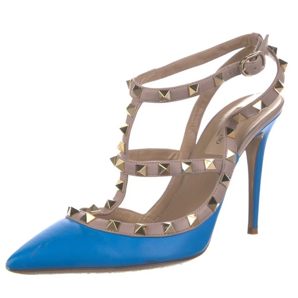 VALENTINO Rockstud Accents Leather Gold Stud T-strap Bright Blue Pump Heel 37 - Picture 1 of 15